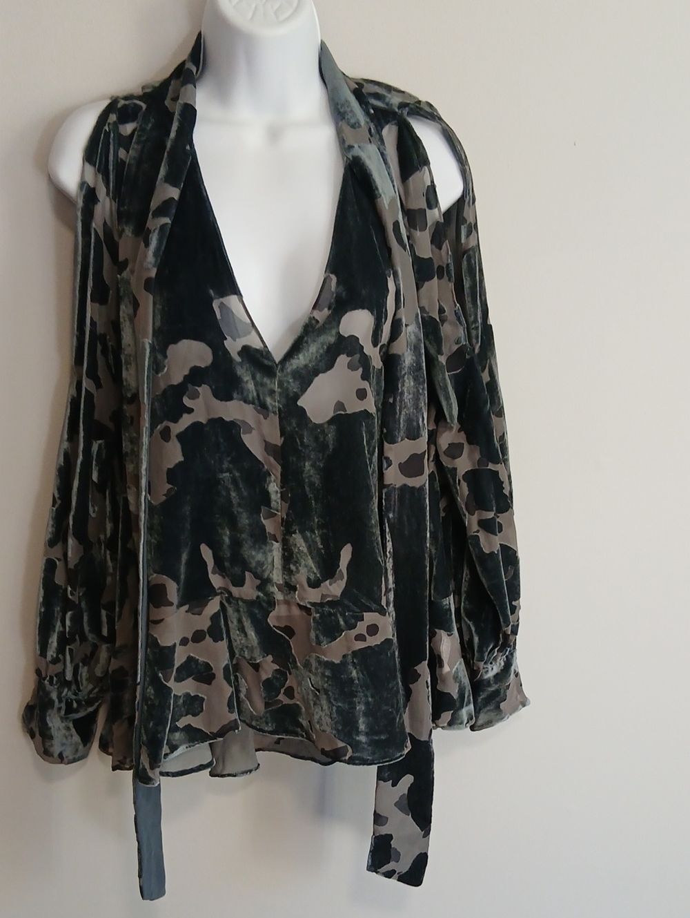 French Connection Gray Velvet Cold-Shoulder Blouse